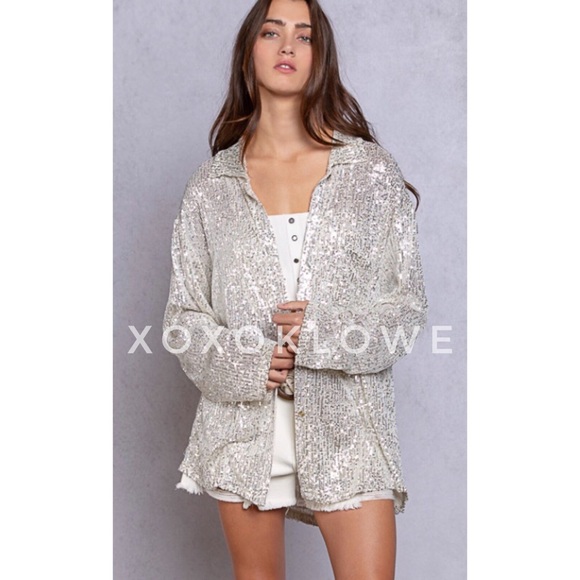 POL Silver Sequin Button Down Shirt Oversized Sparkle - Picture 3 of 13